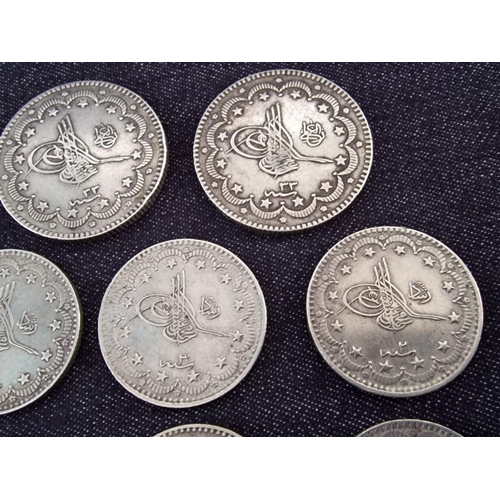 136 - Collection of Silver Ottoman Coins; 2 x 10 Kurush(?), (Approx. 12.1g, Ø; 27mm), and 6 x 5 Kurush(?),... 