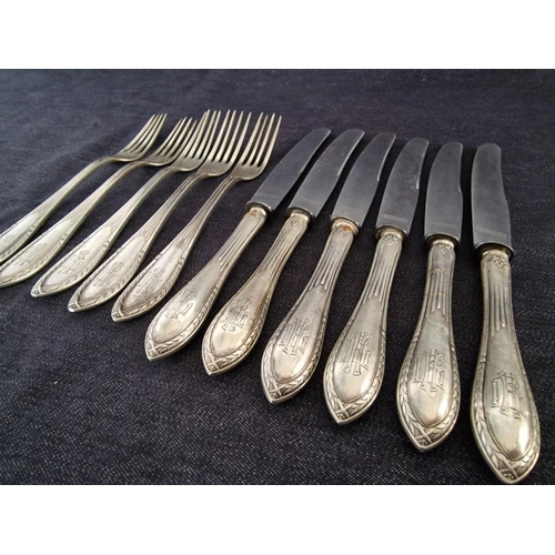 137 - German Silver (.800) Desert Cutlery with Monogram; 6 x Knives with Stainless Steel Blades and 5 x Fo... 