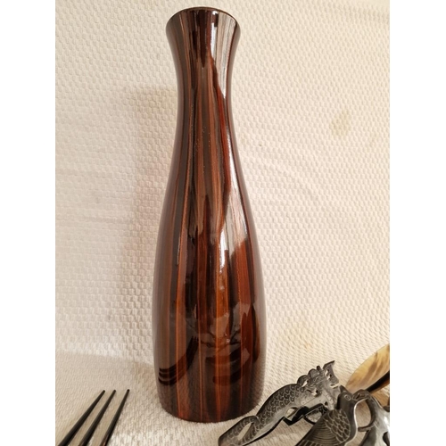 205 - Hand Crafted Wooden Lacquerware Vase, Together with 3 x Chop Sticks and Decorative Serving Utensils ... 