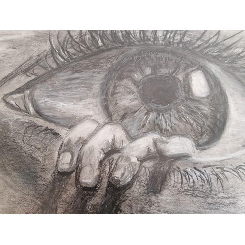 207 - Framed & Signed Pencil Sketch of Eye with Hand, (Approx. 58 x 48cm)