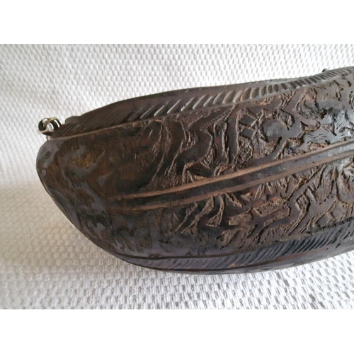 101 - Antique Kashkul, Coco De Mer Begging Bowl from Seychelles Coconut, Carved with Islamic Religious Exp... 