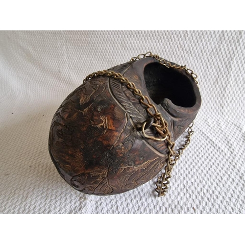 101 - Antique Kashkul, Coco De Mer Begging Bowl from Seychelles Coconut, Carved with Islamic Religious Exp... 