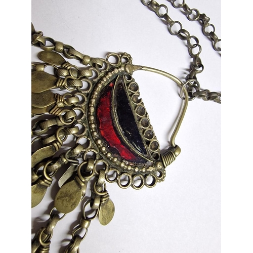 189 - Antique Syrian Bedouin Earing with Red Glass and Dangling Chains, Together with Necklace / Chain