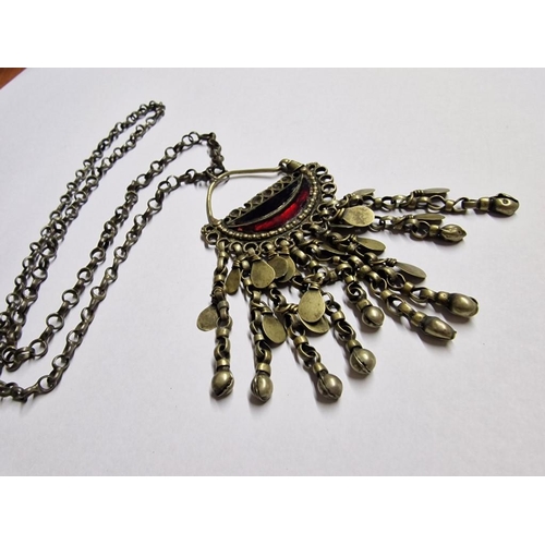 189 - Antique Syrian Bedouin Earing with Red Glass and Dangling Chains, Together with Necklace / Chain