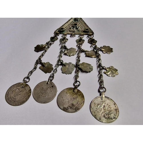 190 - Antique Hand Made Bedouin White Metal Pendant with Hanging Chains with Charms and Tokens / Coins (Nb... 