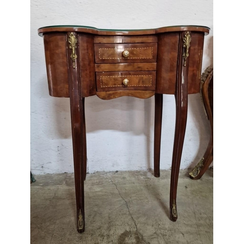 112 - Classical / Italian Style Kidney Shape Side Table with 2-Drawers, Decorative Inlaid Top, Glass Cover... 