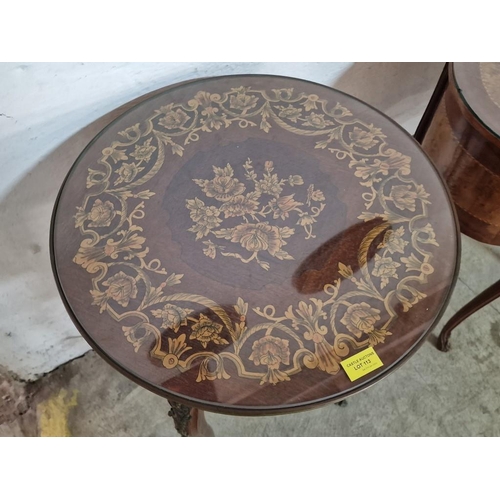 113 - Classical / Italian Style Round Side Table with Decorative Inlaid Top, Glass Cover and Metal Decorat... 