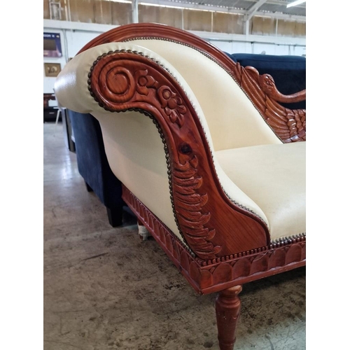 116 - Classical Style Chaise Lounge with Cream Fabric Studded Seat and Carved Surround