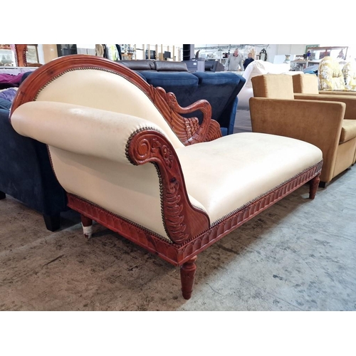 116 - Classical Style Chaise Lounge with Cream Fabric Studded Seat and Carved Surround