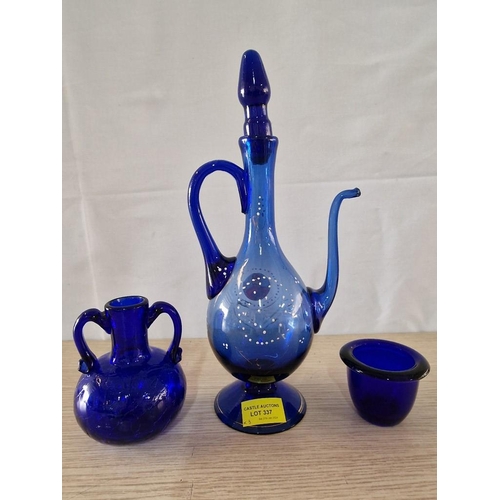 337 - Decorative Blue Glass Arabic Style Decanter, Twin Handle Vase and Pot, (3)