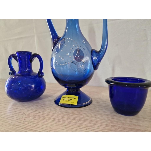 337 - Decorative Blue Glass Arabic Style Decanter, Twin Handle Vase and Pot, (3)