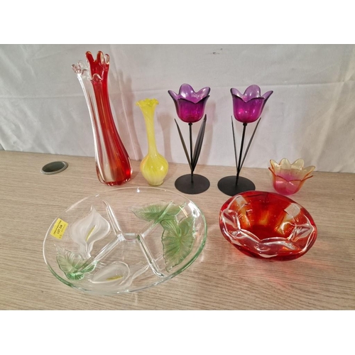 338 - Collection of Decorative Coloured Glass Items; Snack Dish, Vases, Dish and Candle Holders, (7)