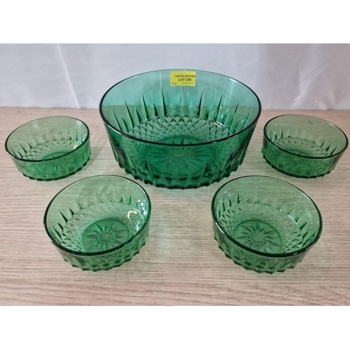 339 - Green Glass Serving Bowl and 4 x Matching Bowls, (5)