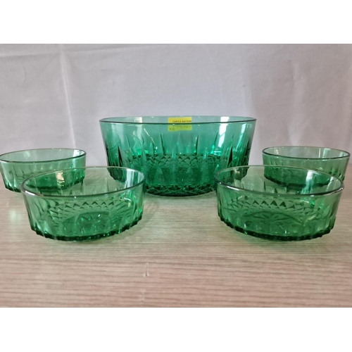 339 - Green Glass Serving Bowl and 4 x Matching Bowls, (5)