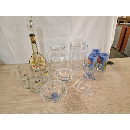 342 - Qty of Assorted Glassware; Jugs, KEO Beer Tankards, Dishes, Glases, etc