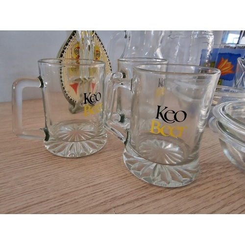 342 - Qty of Assorted Glassware; Jugs, KEO Beer Tankards, Dishes, Glases, etc