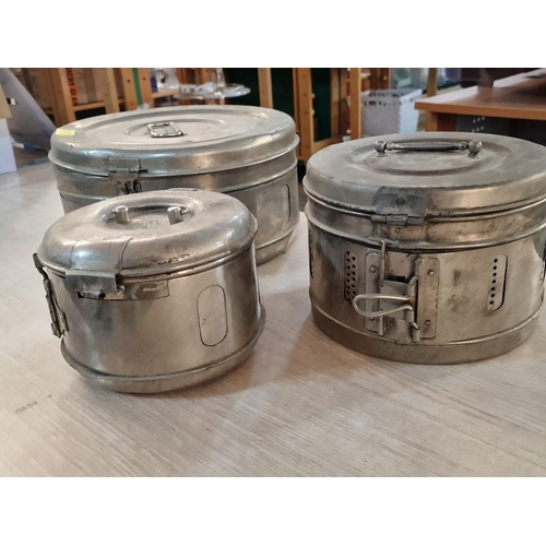 291 - 3 x Stainless Steel Round Lidded Medical Sterilization Containers, (Approx. Ø: 32cm, 22cm and 18cm),... 