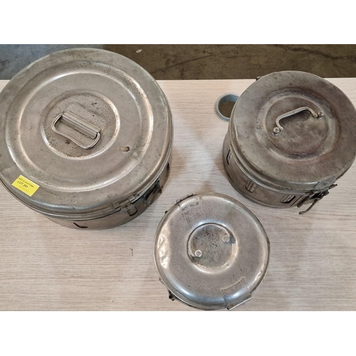 291 - 3 x Stainless Steel Round Lidded Medical Sterilization Containers, (Approx. Ø: 32cm, 22cm and 18cm),... 