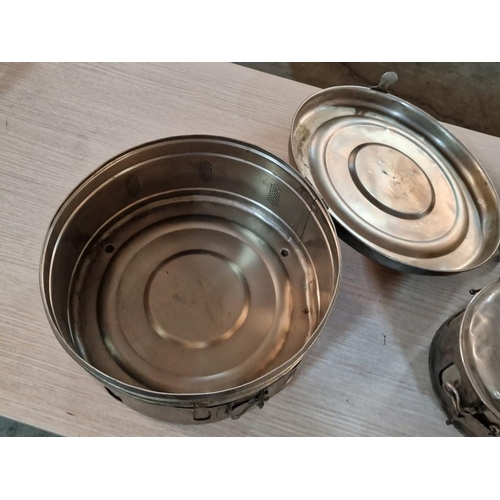 291 - 3 x Stainless Steel Round Lidded Medical Sterilization Containers, (Approx. Ø: 32cm, 22cm and 18cm),... 