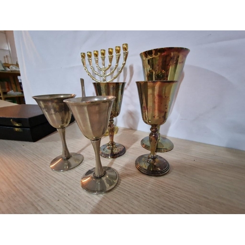 305 - Cased Set of 6 x Silver Plated Miniature Goblets, Together with Jerusalem Candlestick and Other Whit... 