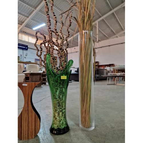 363 - Decorative Green Glass Vase with Artificial Flowers, Tall Round Plastic Vase with Artificial Reeds a... 