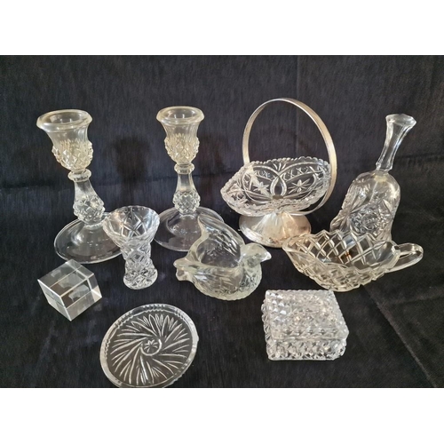 122 - Collection of Assorted Crystal and Glass Items; Candlesticks, Bell, Dish, Jug, etc, (10)