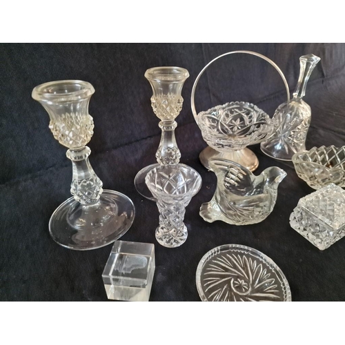 122 - Collection of Assorted Crystal and Glass Items; Candlesticks, Bell, Dish, Jug, etc, (10)