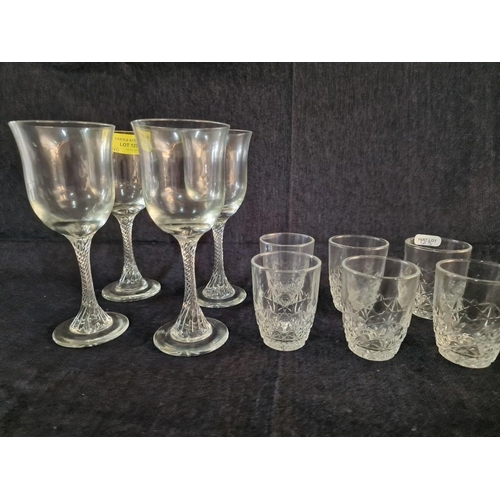 123 - 4 x Wine Glasses with Twisted Stem and Set of 6 x Shot Glasses, (10)