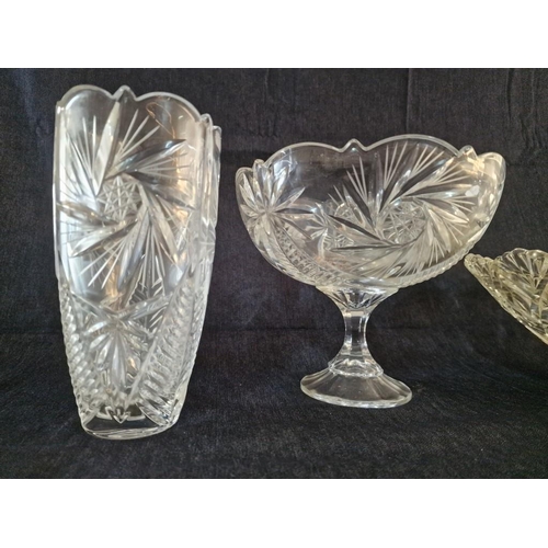 147 - Large Decorative Crystal Bowl, Raised Pedestal Bowl and Matching Vase, (Largest Approx. Ø: 35cm), (3... 