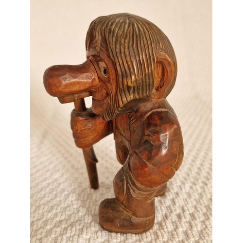 148 - Vintage Anton Sveen (1914-2009) Hand Carved & Painted Wooden Troll / Old Man with Walking Stick & Pi... 