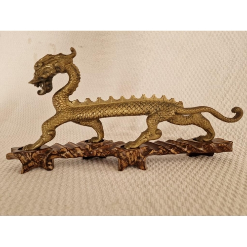 149 - Vintage Chinese Bronze Dragon Statue on Fitted Wooden Plinth, (Approx. L: 33cm, H: 16.5cm, 1.4kg + 0... 