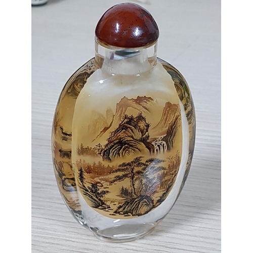 177 - Large Asian Snuff Glass Bottle Reverse Painted with Lid (H:12cm)