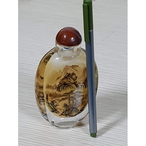 177 - Large Asian Snuff Glass Bottle Reverse Painted with Lid (H:12cm)