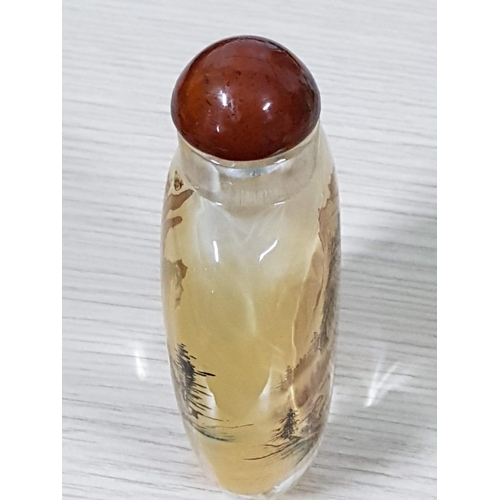 177 - Large Asian Snuff Glass Bottle Reverse Painted with Lid (H:12cm)