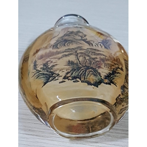 177 - Large Asian Snuff Glass Bottle Reverse Painted with Lid (H:12cm)