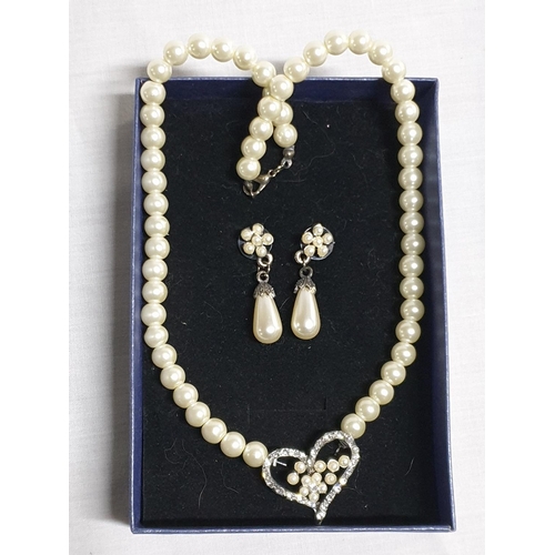 250 - Retro Pearls Set; Pearl Dangle Earrings and Pearl Necklace with Heart Pendant (L:44cm)