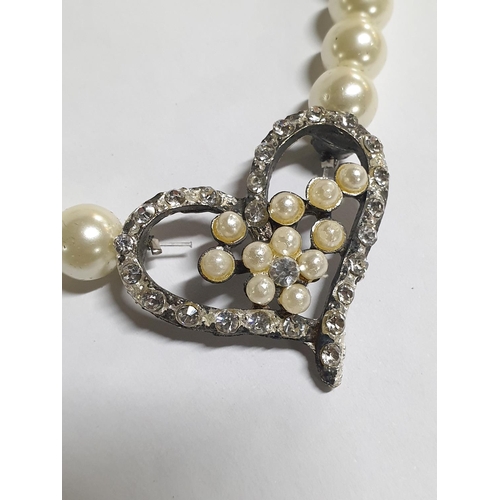 250 - Retro Pearls Set; Pearl Dangle Earrings and Pearl Necklace with Heart Pendant (L:44cm)