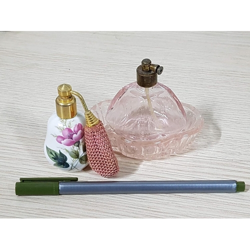 253 - Vintage Perfume Bottles Peach Colour Glass Mini Atomizer Bottle with Tray (Bottle; H:7.5cm and Tray;... 