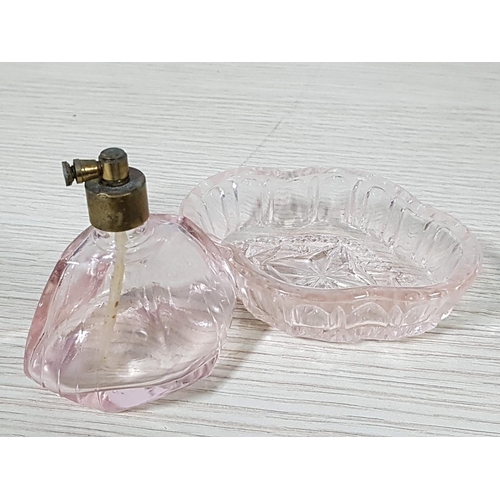 253 - Vintage Perfume Bottles Peach Colour Glass Mini Atomizer Bottle with Tray (Bottle; H:7.5cm and Tray;... 