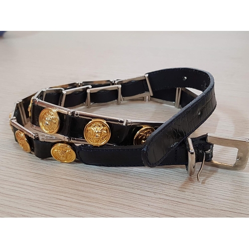 254 - 80's Retro Theodore Vrasidas Lion's Head Leather Belt and One Other (L:93 & :86cm)