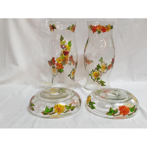 260 - Pair of Large Glass Candle Holders (Ø12cm x H:34cm each) Decorated by Hand with Floral Pattern