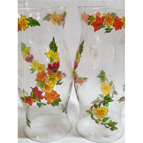 260 - Pair of Large Glass Candle Holders (Ø12cm x H:34cm each) Decorated by Hand with Floral Pattern