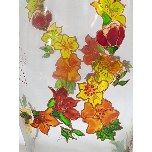 260 - Pair of Large Glass Candle Holders (Ø12cm x H:34cm each) Decorated by Hand with Floral Pattern