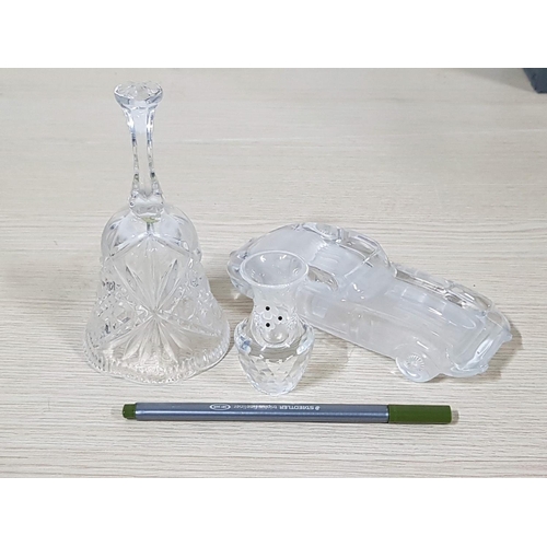 262 - Crystal Collection; Crystal Bell (H:15.5cm) Mini Vase (H:7.5cm) and Crystal Car Model (Approx. 16.5 ... 