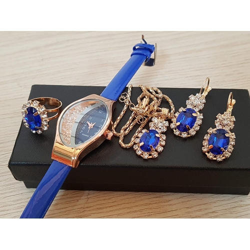 268 - Stylish Costume Jewellery Sets; Gold Tone with Royal Blue, Green and Clear Crystals (each Set; Watch... 