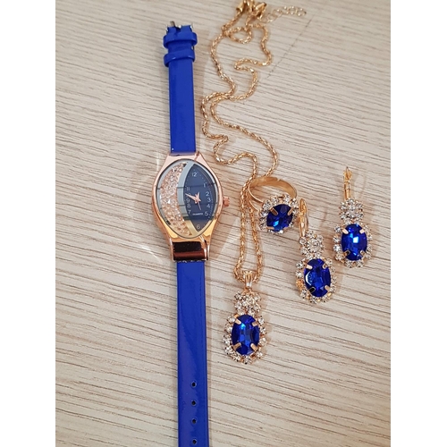 268 - Stylish Costume Jewellery Sets; Gold Tone with Royal Blue, Green and Clear Crystals (each Set; Watch... 