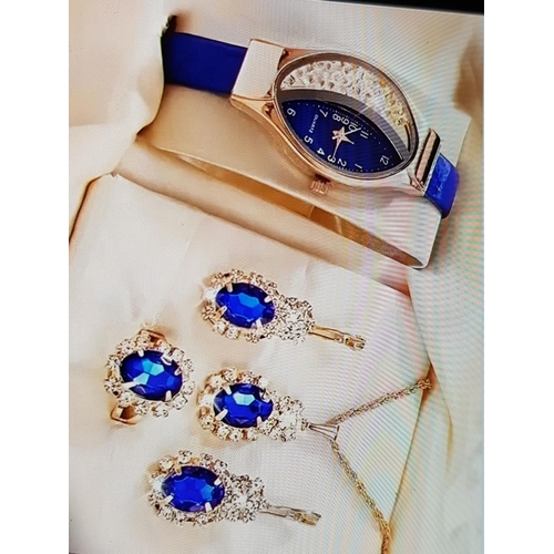 268 - Stylish Costume Jewellery Sets; Gold Tone with Royal Blue, Green and Clear Crystals (each Set; Watch... 