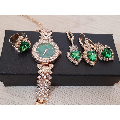 268 - Stylish Costume Jewellery Sets; Gold Tone with Royal Blue, Green and Clear Crystals (each Set; Watch... 