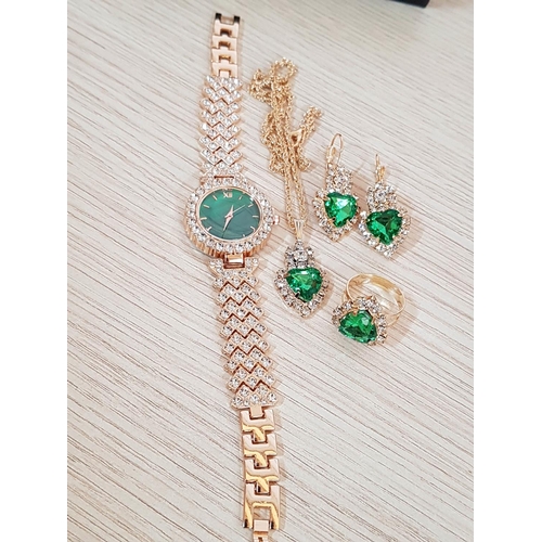 268 - Stylish Costume Jewellery Sets; Gold Tone with Royal Blue, Green and Clear Crystals (each Set; Watch... 