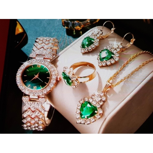 268 - Stylish Costume Jewellery Sets; Gold Tone with Royal Blue, Green and Clear Crystals (each Set; Watch... 